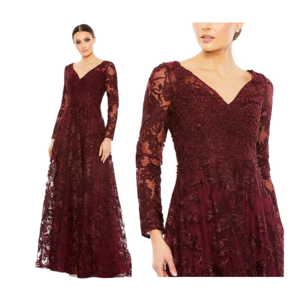 Mac Duggal Formal Dress Burgundy Beaded Embroidered Gown 20409 Long Sleeve 12